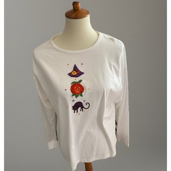 Casey Coleman Halloween Pumpkin Tee T-Shirt XL White with Embroidery Sequins - Picture 1 of 4